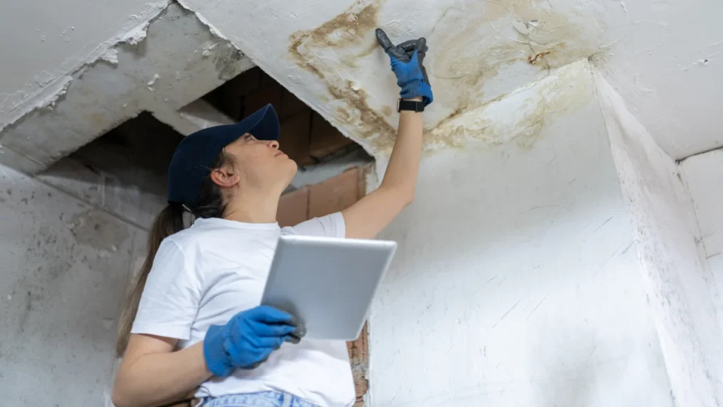 Bee dry Restoration of Cleveland Worker inspecting water damage on ceiling, water damage restoration company near me cleveland