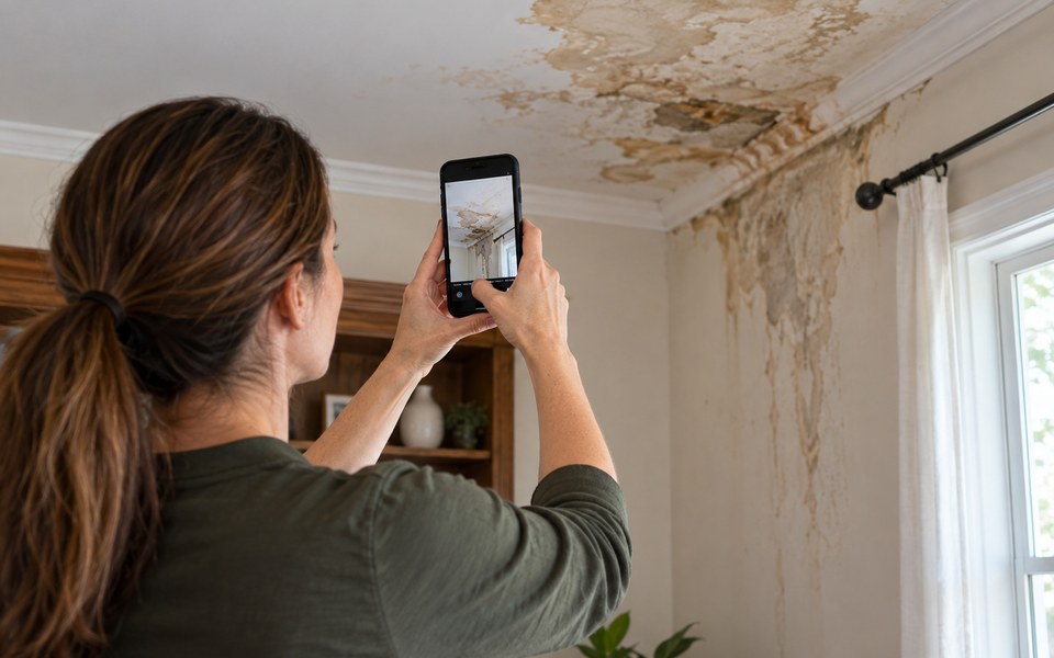 Bee Dry technician inspecting water damage with moisture equipment