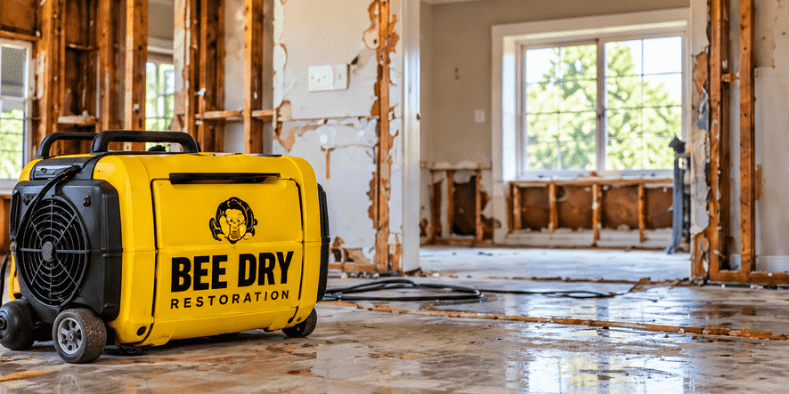 Bee Dry restoration equipment inside a damaged home