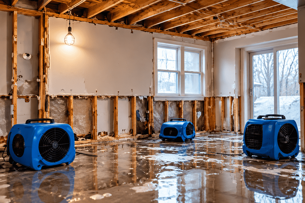 Water damage restoration drying equipment in finished basement